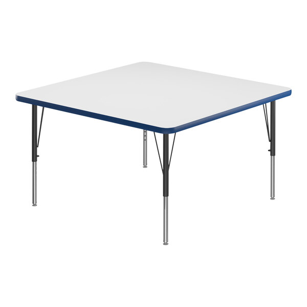 A white square Correll activity table with blue edges and black legs.