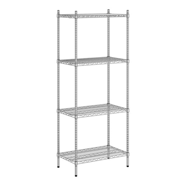 A wireframe of a Regency stainless steel wire shelving unit with four shelves.