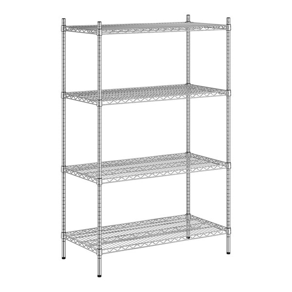 A wireframe Regency stainless steel shelving unit with 4 shelves.