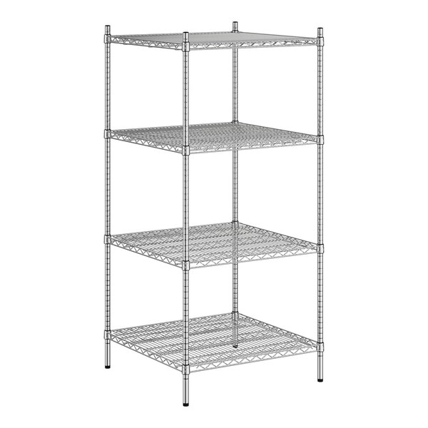 A Regency stainless steel wire shelving unit with four shelves.