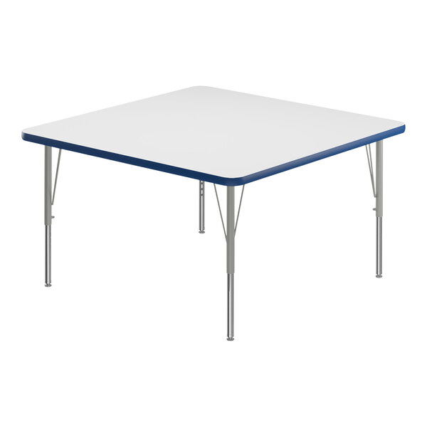 A white square Correll activity table with silver legs and a blue edge.