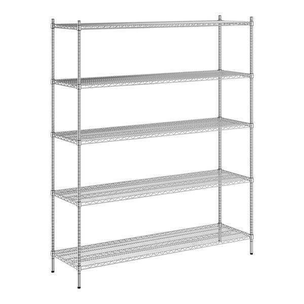 A wireframe of a Regency stainless steel shelving unit with 5 shelves.