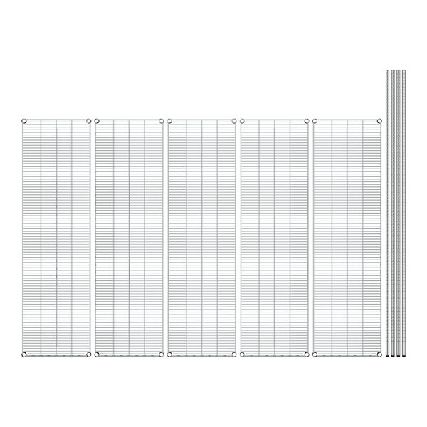 A white grid shelf with five metal shelves.