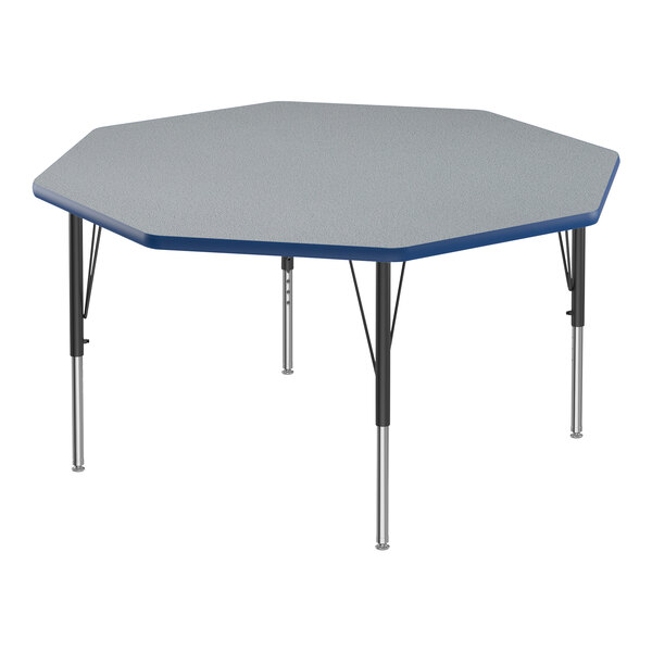 A Correll octagon activity table with gray and blue top and black legs.