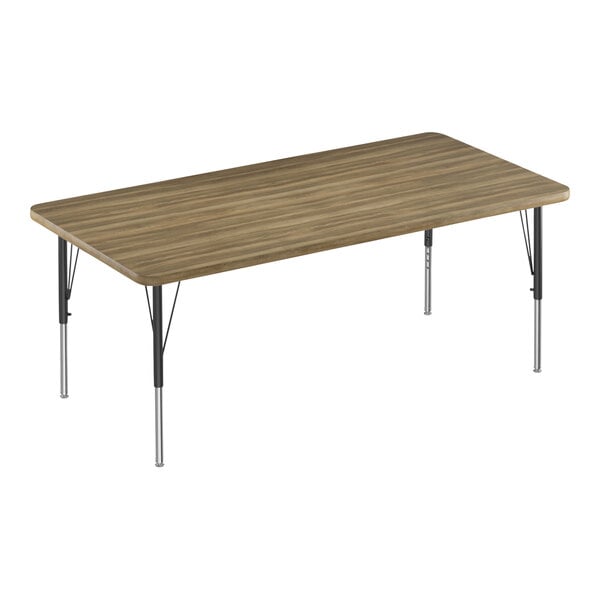 A rectangular Correll activity table with a hickory wood top and black metal legs.