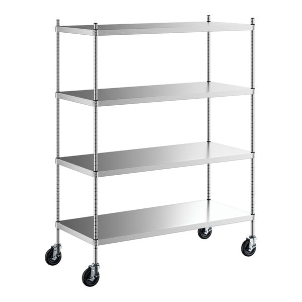 A Regency stainless steel shelving unit with wheels.