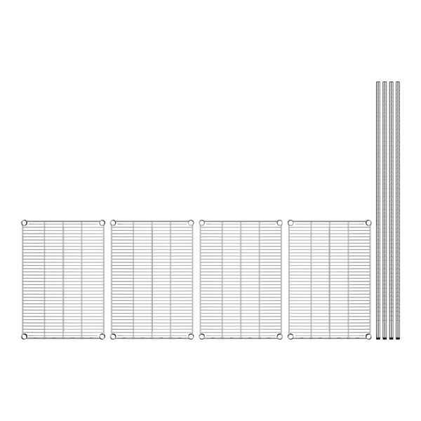 Regency stainless steel wire shelving unit with four shelves and metal grids.