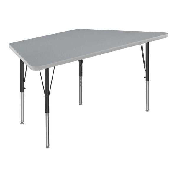 A grey trapezoid activity table with black legs.