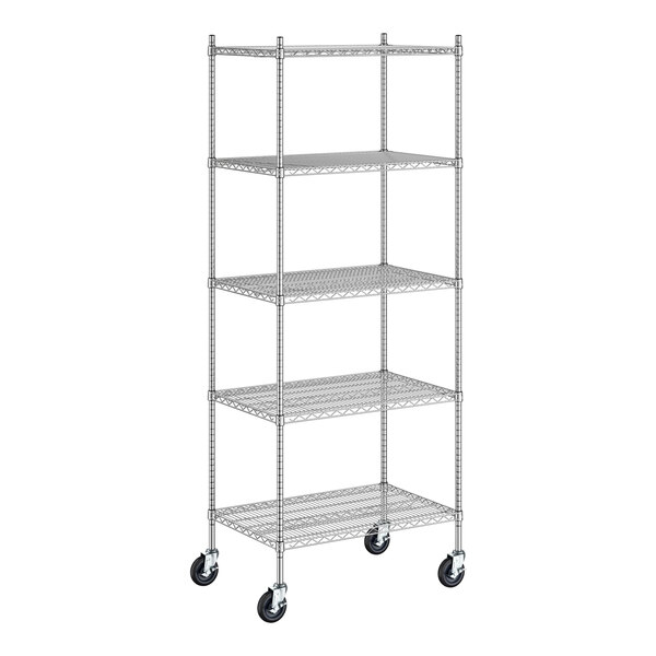 A Regency stainless steel wire shelving starter kit with wheels and 5 shelves.