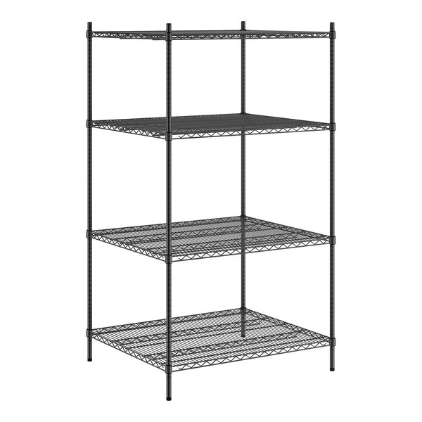 A black wire Regency shelving unit with four shelves.