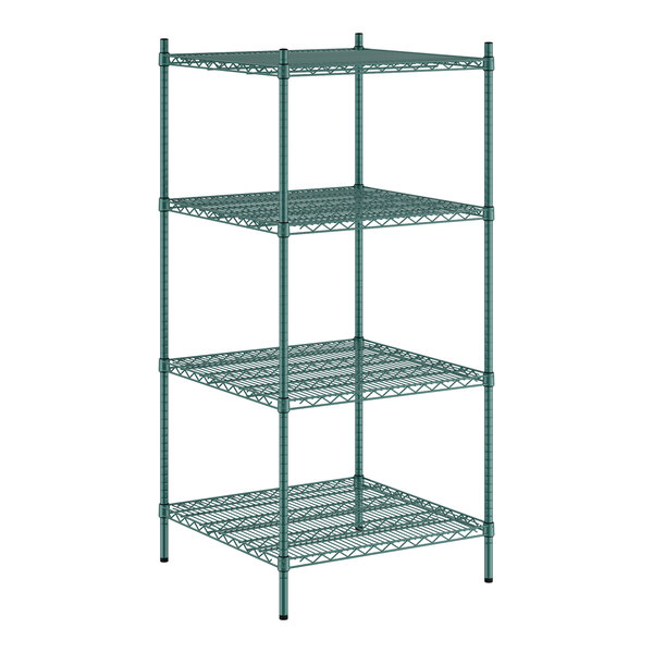 A Regency green wire shelving unit with four shelves.