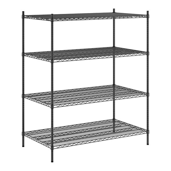 A Regency black wire shelving unit with four shelves.