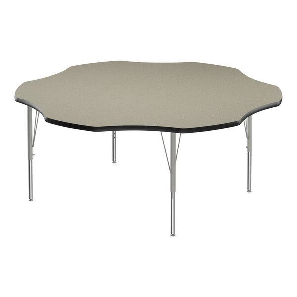 A grey and white Correll activity table with silver legs and black trim.