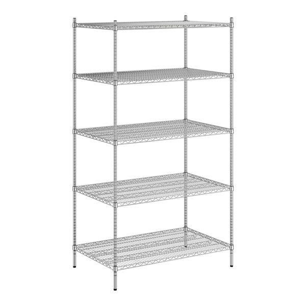 A wireframe of a Regency stainless steel wire shelving unit with 5 shelves.