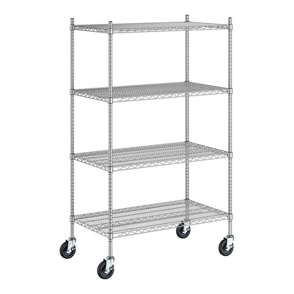A Regency stainless steel wire shelving unit with wheels.