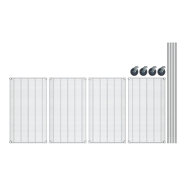 A Regency stainless steel wire shelving unit with wheels and four shelves.