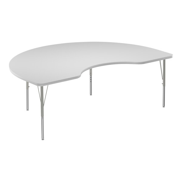 A white table with a curved edge and metal legs.