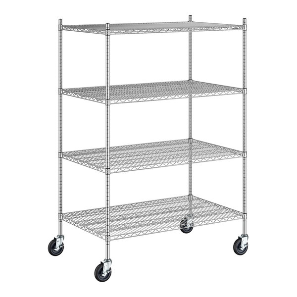 A Regency stainless steel wire shelving unit with wheels.