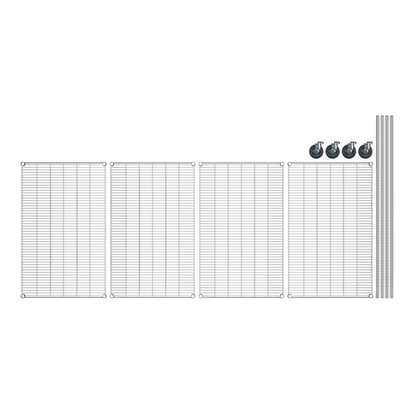 A white grid with four stainless steel shelves.