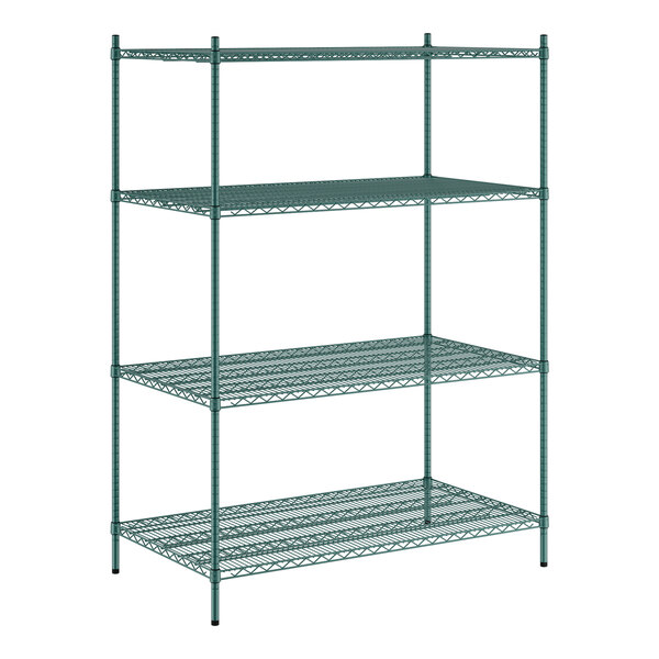 A green metal Regency wire shelving unit with four shelves.