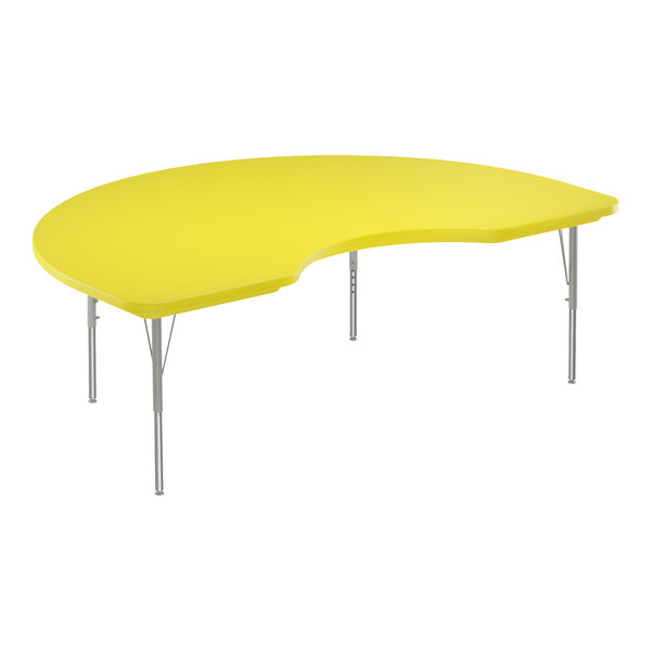 A yellow Correll activity table with a curved top and silver legs.
