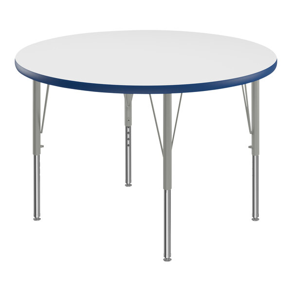 A white round Correll activity table with blue T-mold and silver legs.