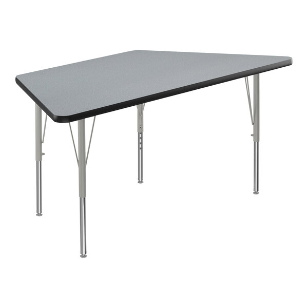 A grey trapezoid table with silver legs and black edge.