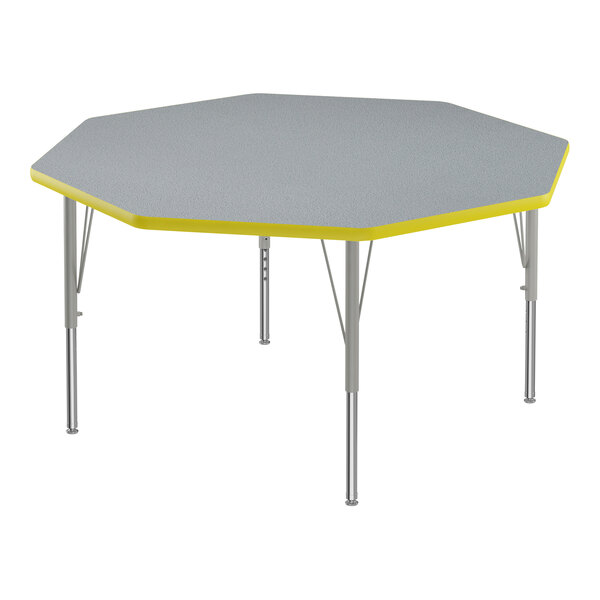 A Correll gray and yellow octagon activity table with silver legs and a yellow T-mold.