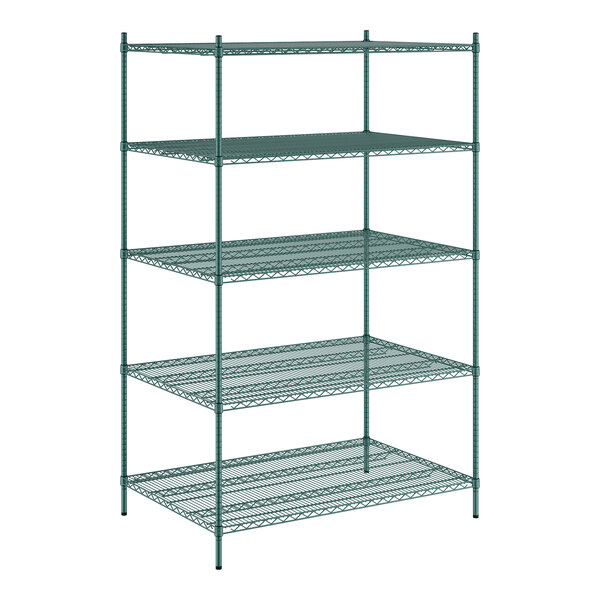 A green metal Regency wire shelving unit with four shelves.