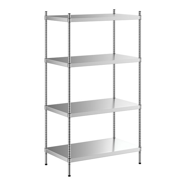 A Regency stainless steel stationary shelving unit with four shelves.