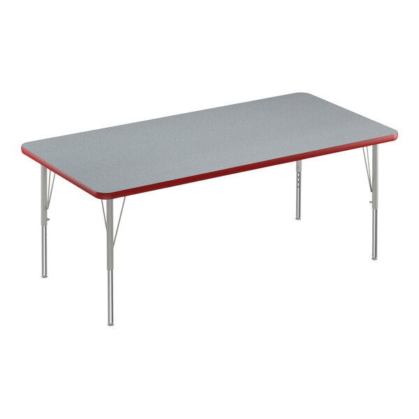 A rectangular grey high-pressure laminate activity table with a red edge.