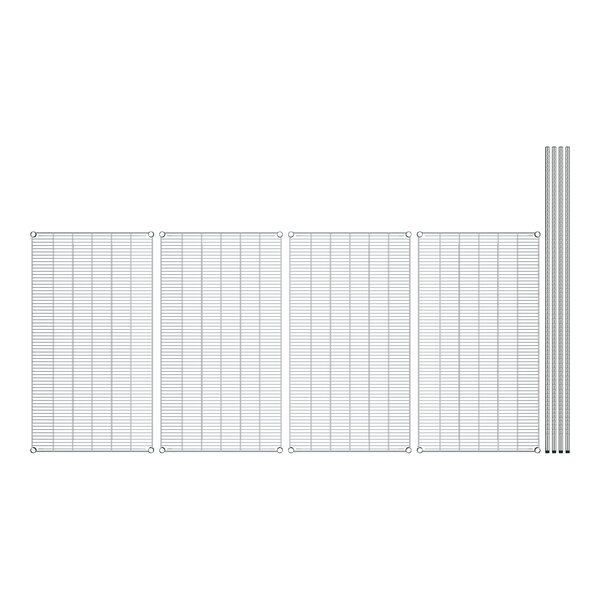 A white grid with four rows of metal shelves.