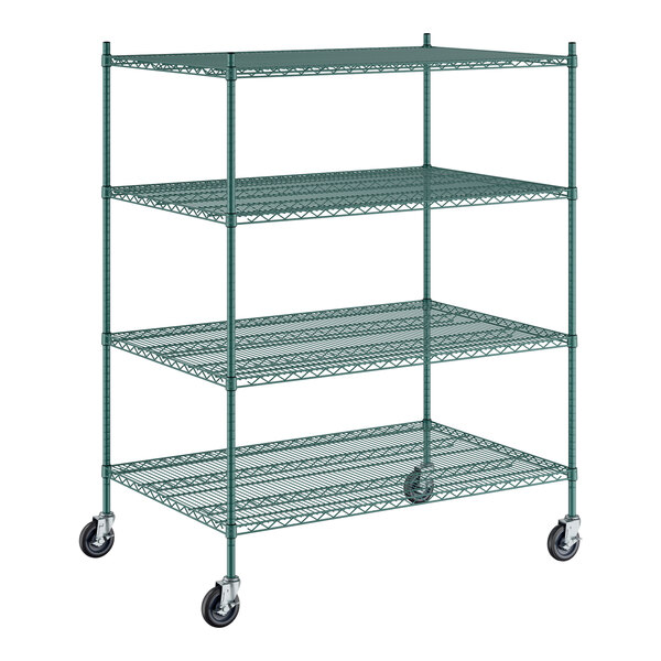 A Regency green wire shelving starter kit with four shelves.