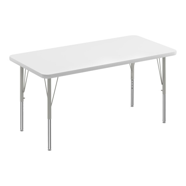 A white rectangular Correll activity table with silver metal legs.