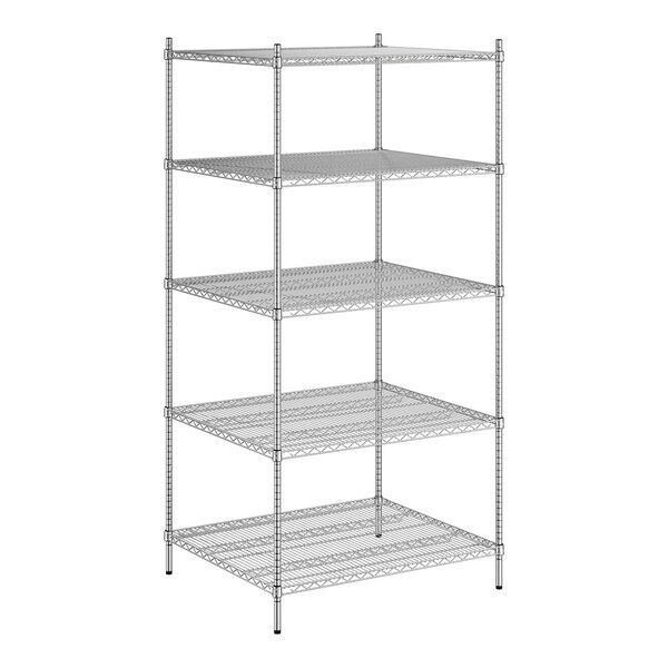 A wireframe of a Regency chrome stationary wire shelving unit with 5 shelves.