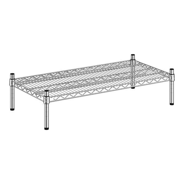 A Regency stainless steel wire dunnage rack with black legs.