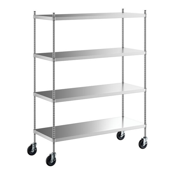 A Regency stainless steel shelving unit with wheels.