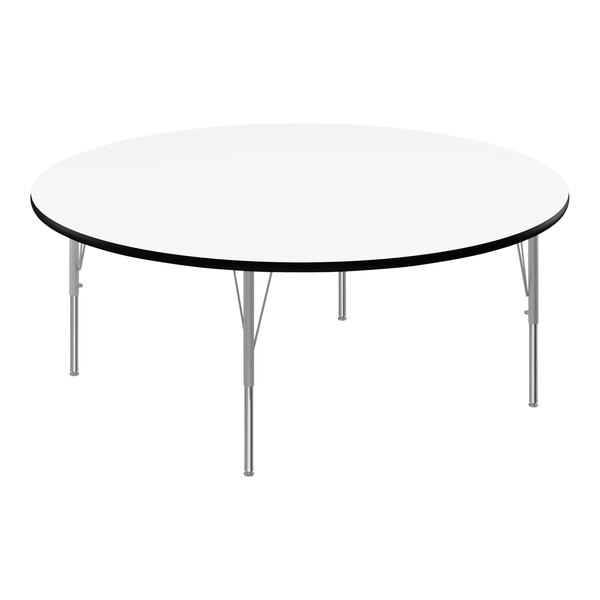 A white round Correll activity table with silver legs and black trim.