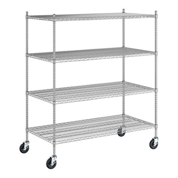 A Regency stainless steel wire shelving unit with wheels.