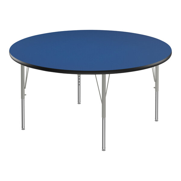A Correll round activity table with a blue top and silver legs.