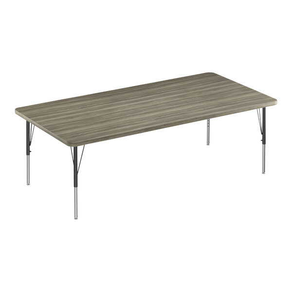 A rectangular Correll activity table with a gray top and metal legs.