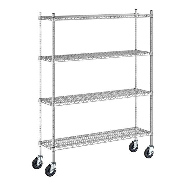 A Regency stainless steel mobile wire shelving unit with 4 shelves and wheels.