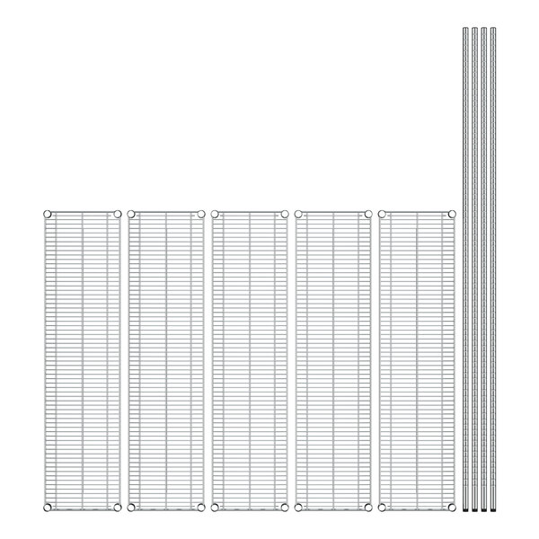 A Regency stainless steel wire shelving unit with five metal shelves and metal bars.