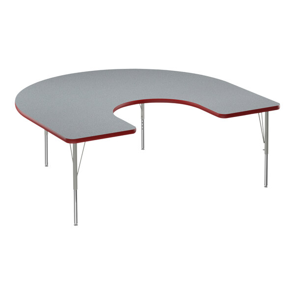 A grey high-pressure laminate horseshoe activity table with silver legs and red T-mold.