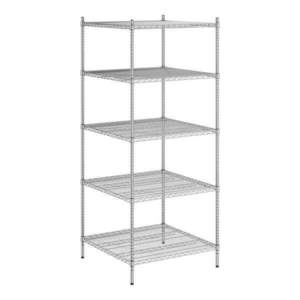 A wireframe of a Regency stainless steel wire shelving unit with four shelves.