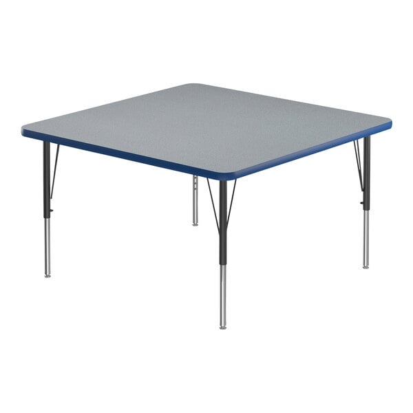 A square activity table with blue legs and a blue edge.