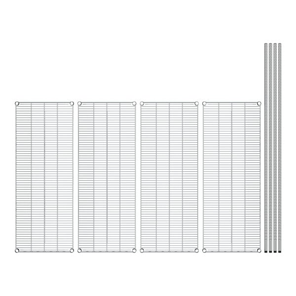 A white grid of metal shelves with 4 white shelves.