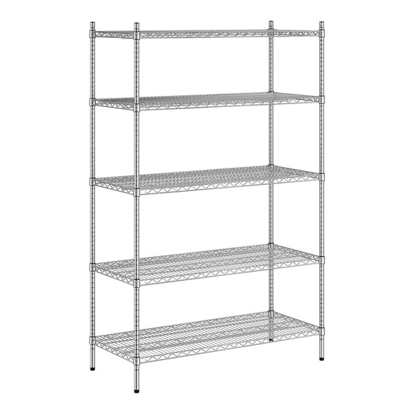 A Regency stainless steel wire shelving unit with five shelves.