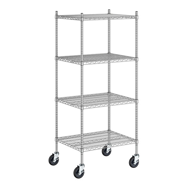 A Regency stainless steel wire shelving unit with wheels.