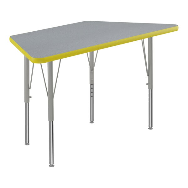 A grey and yellow trapezoid table with a grey top and yellow trim.